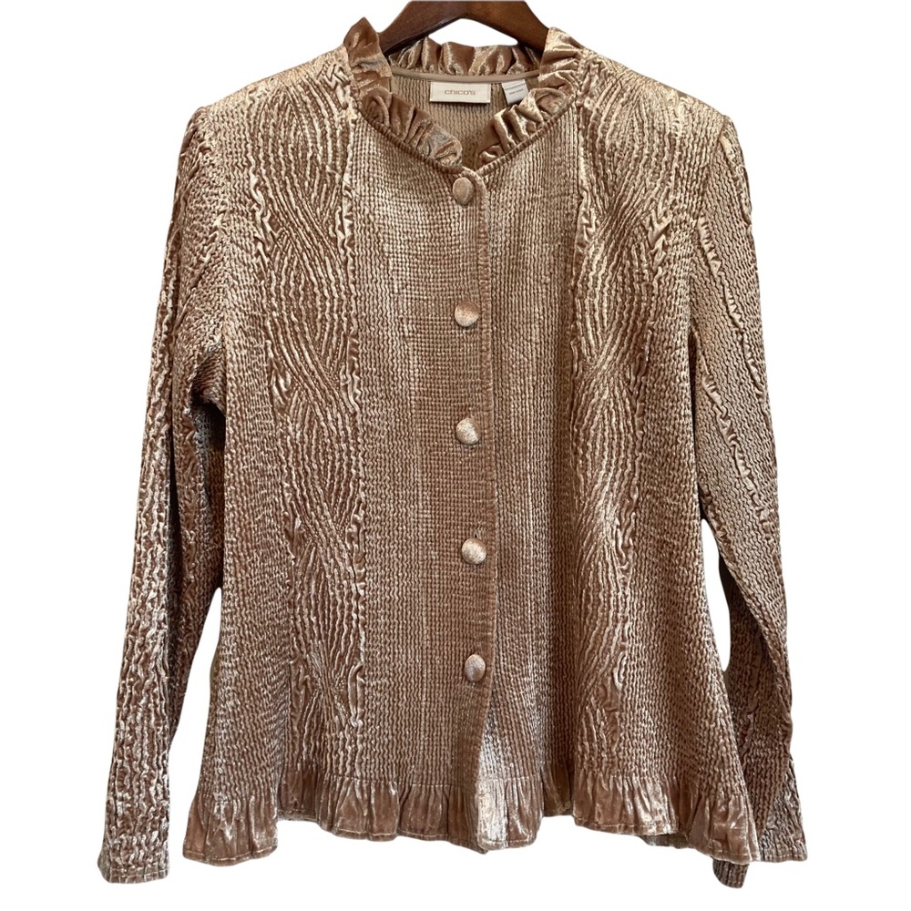 CHICO’S GOLD BUTTON UP CARDIGAN WITH LONG SLEEVES AND RUFFLED COLLAR